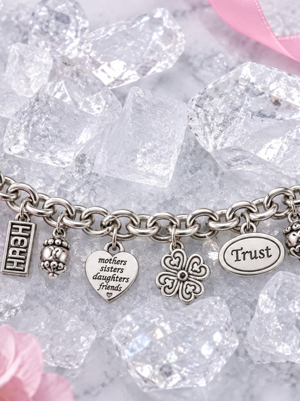 Breast, cancer awareness Silver Charm Bracelet with Heart & Trust Charms